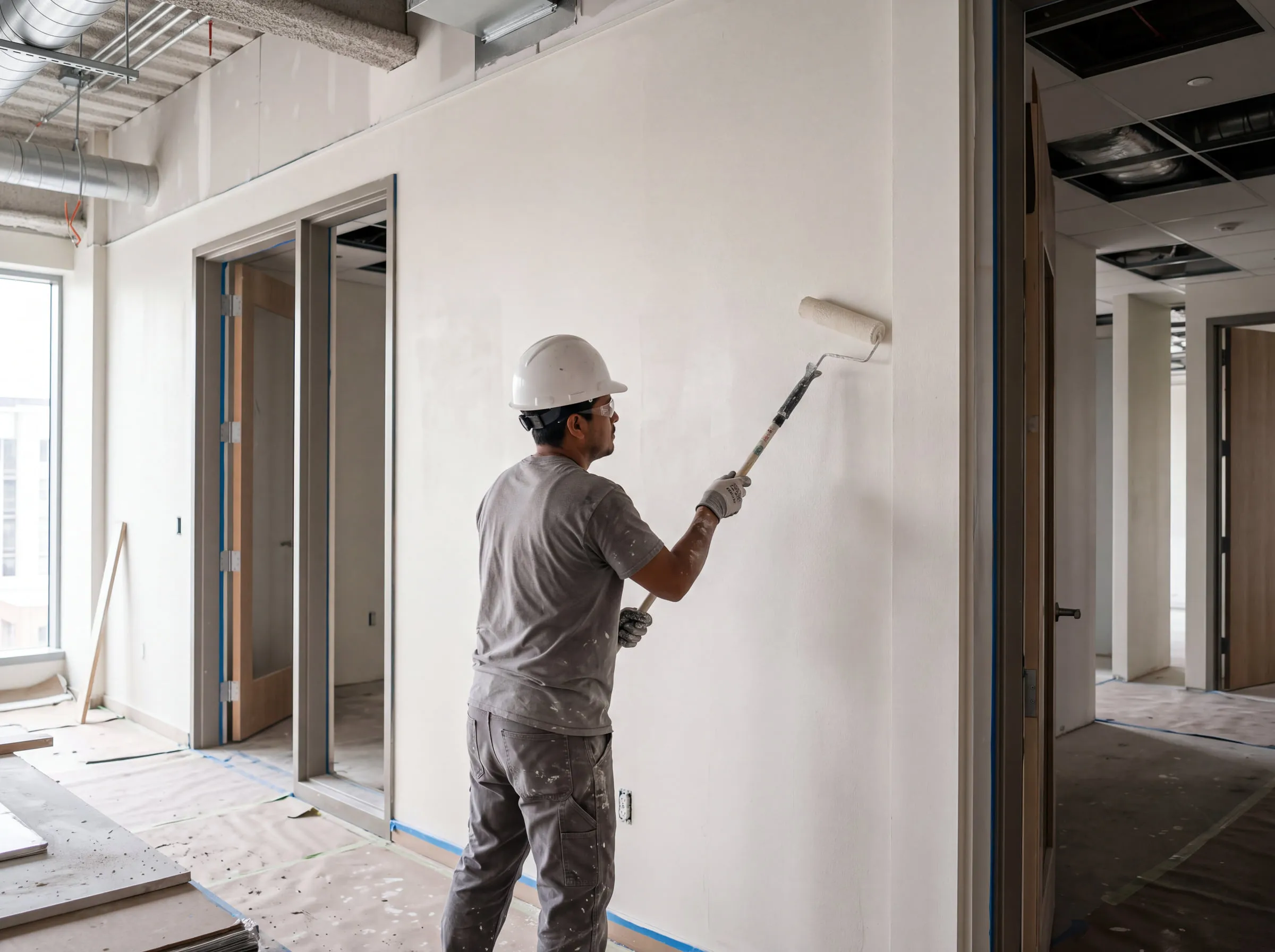 Painter rolling a wall with an extension-pole roller in a commercial interior under renovation.