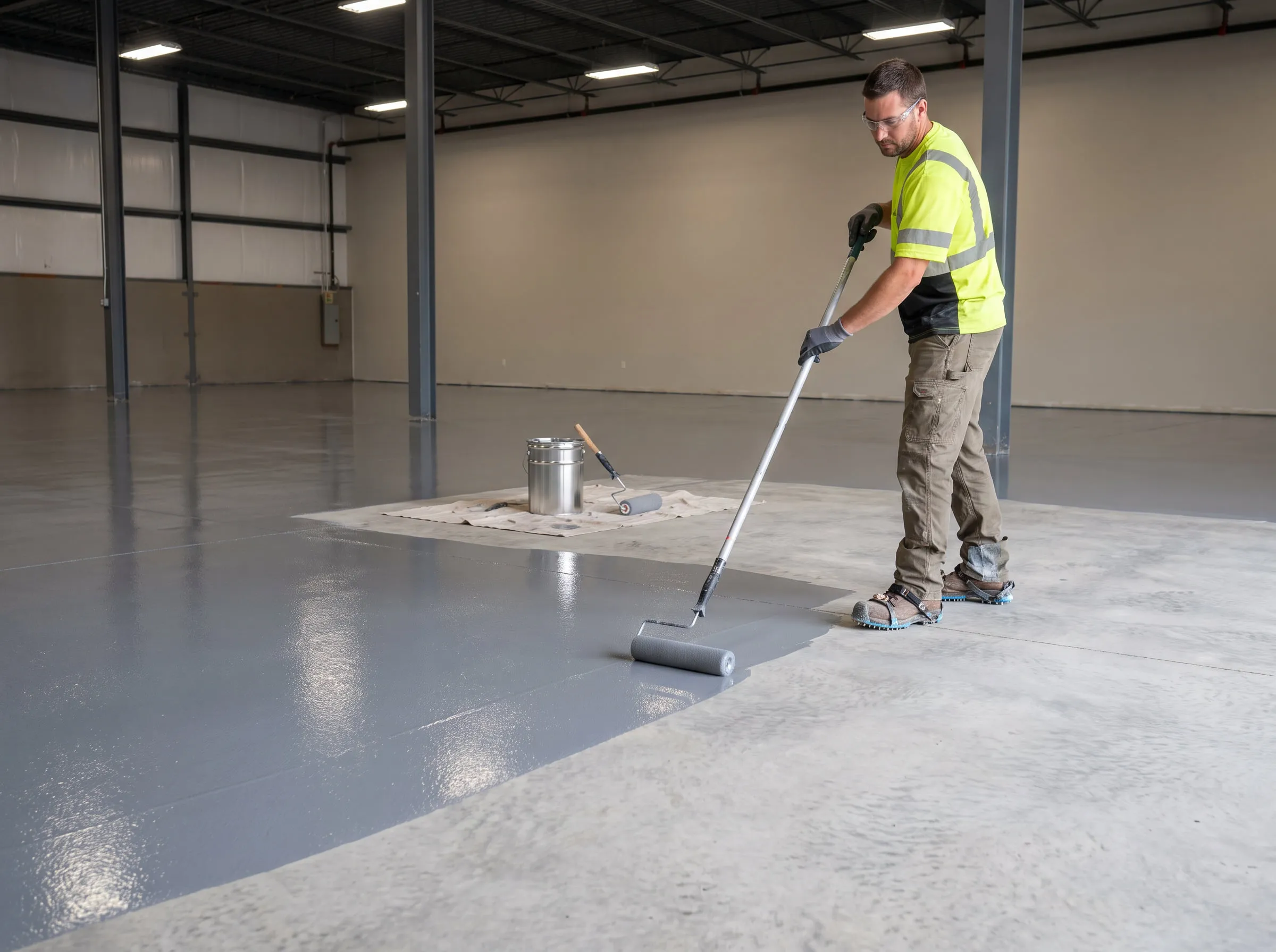 Worker rolling a grey floor coating over prepared concrete in an empty warehouse, with the wet coating meeting bare concrete.