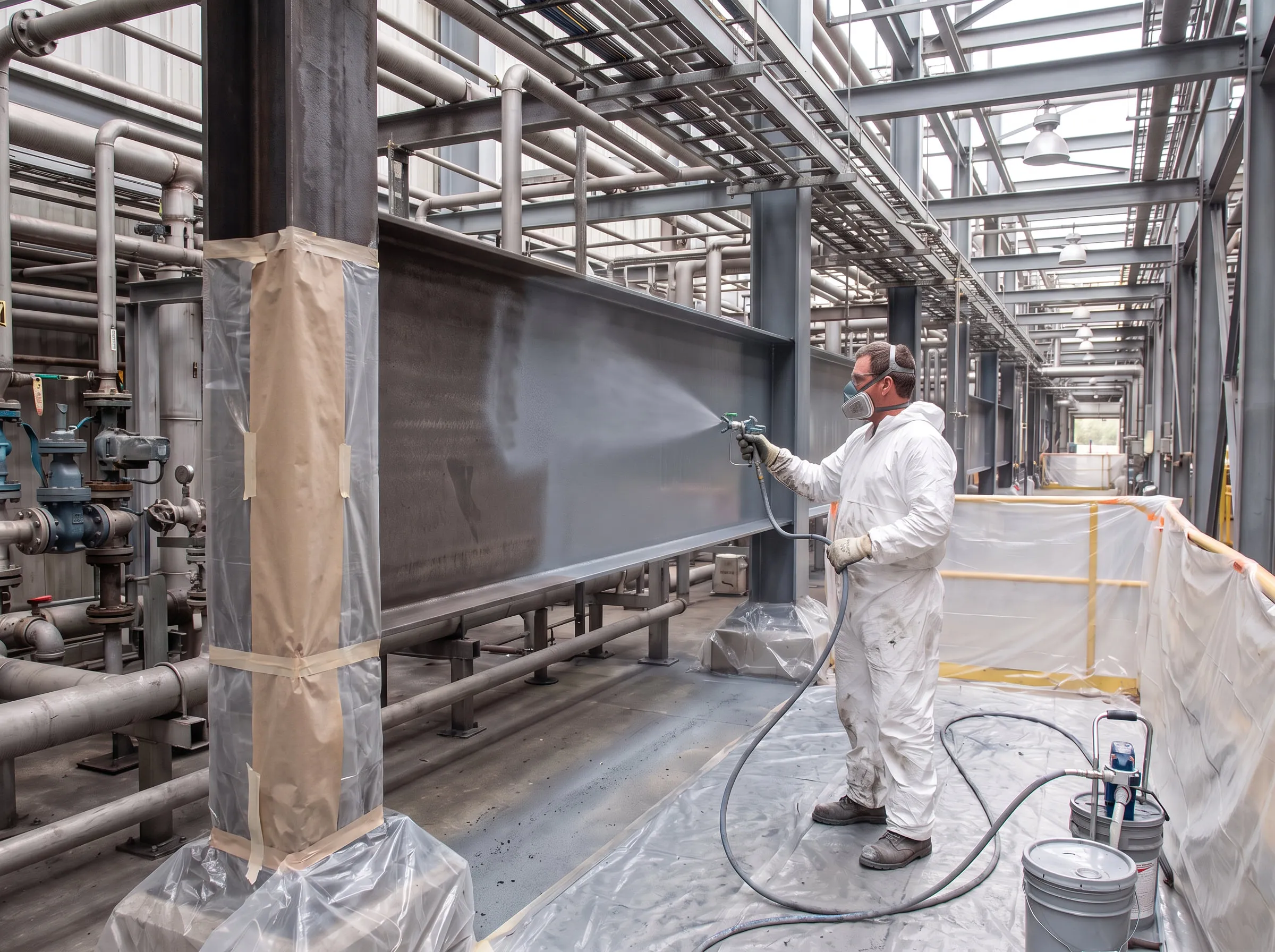 Worker in protective coveralls and a respirator spray-applying a grey coating to a structural steel beam among industrial piping.