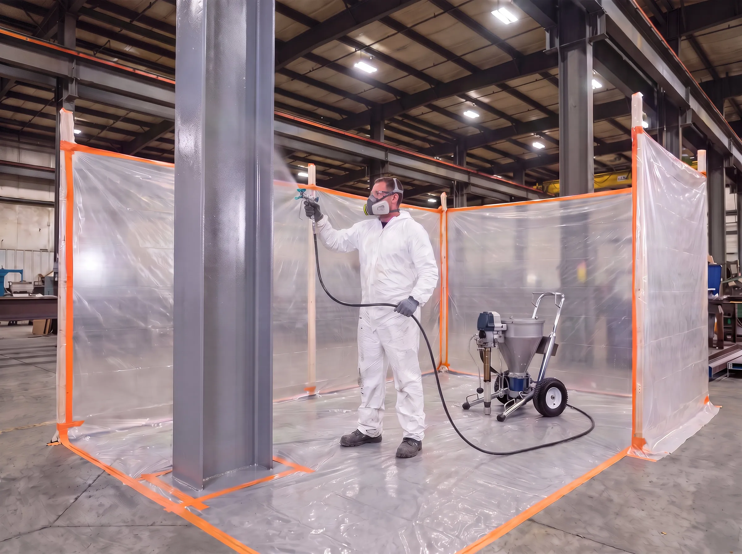 Worker in protective coveralls and a respirator spray-painting a structural steel column inside plastic sheeting in an industrial building.