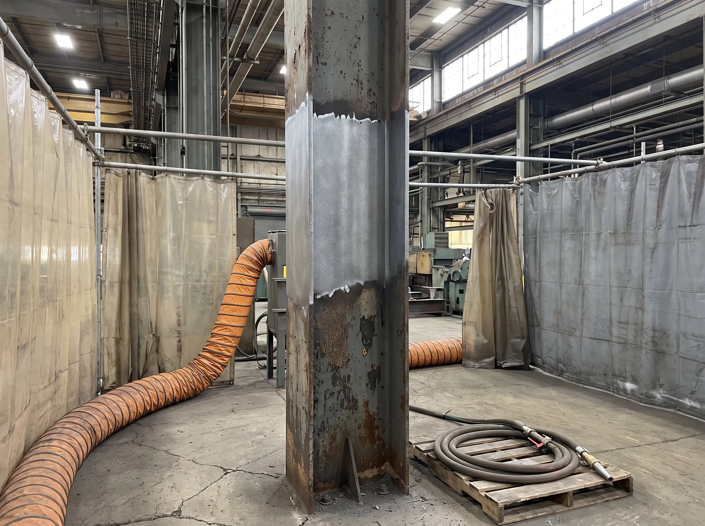 Structural steel column with a blast-cleaned section between areas of weathered original coating, inside a curtained blast area of an industrial building.