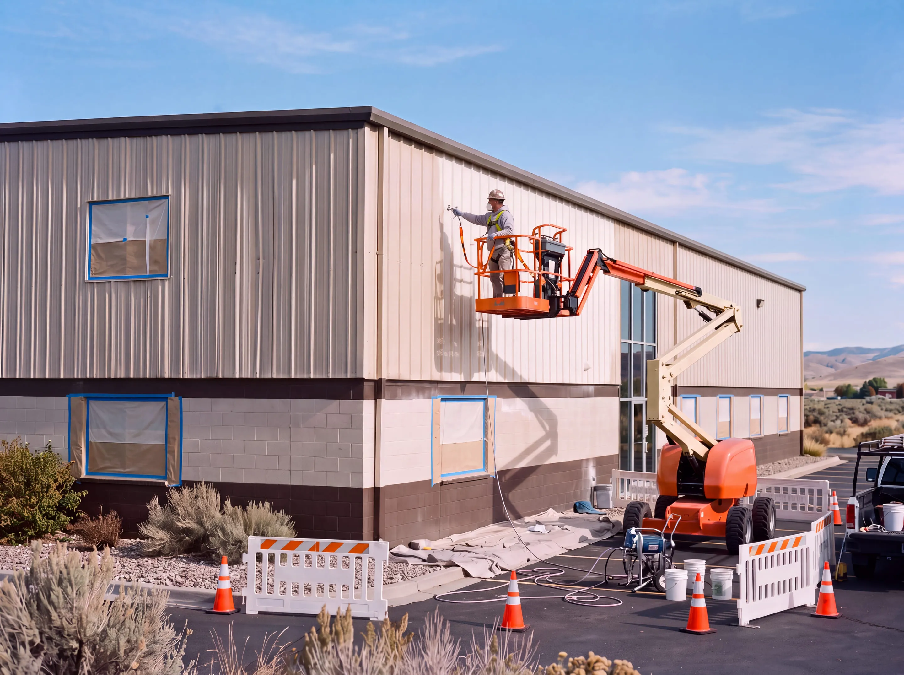 Painter in a boom lift spray-painting the metal-panel exterior of a commercial building, with masked windows and a cordoned work zone below.