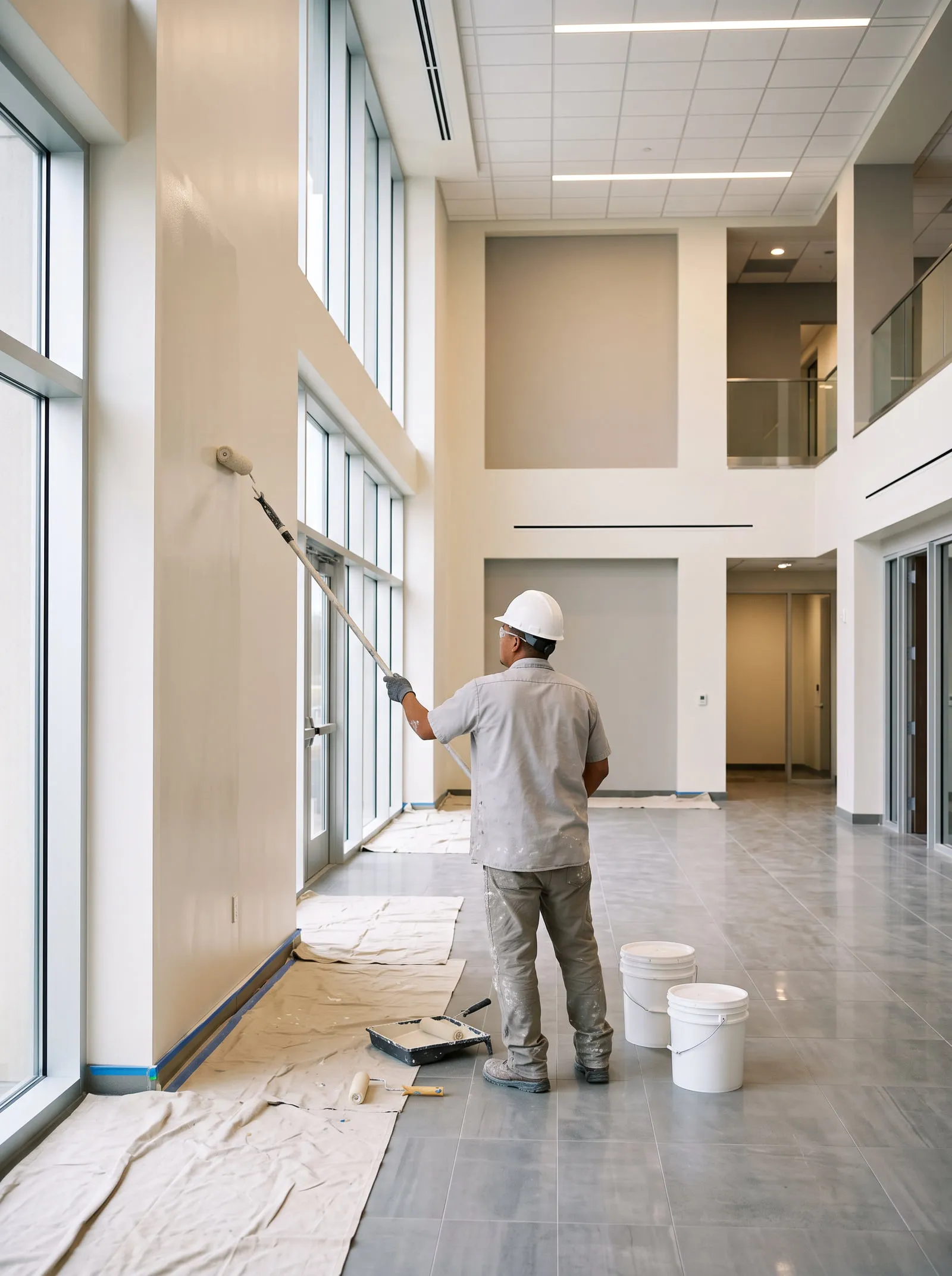 Painter rolling a final coat on a feature wall in a commercial lobby with tall windows.