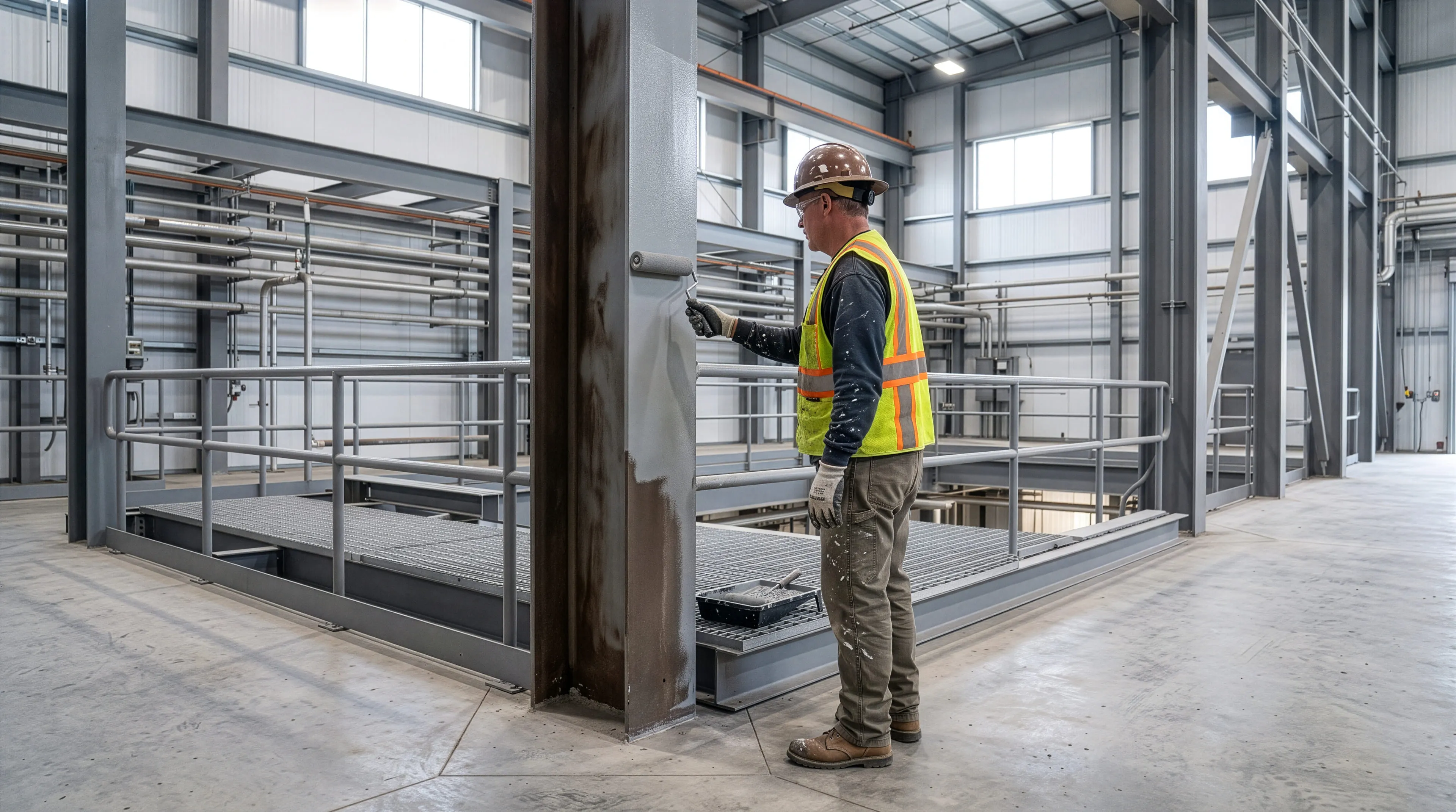 Painter rolling a protective coating onto a structural steel column inside an industrial building.