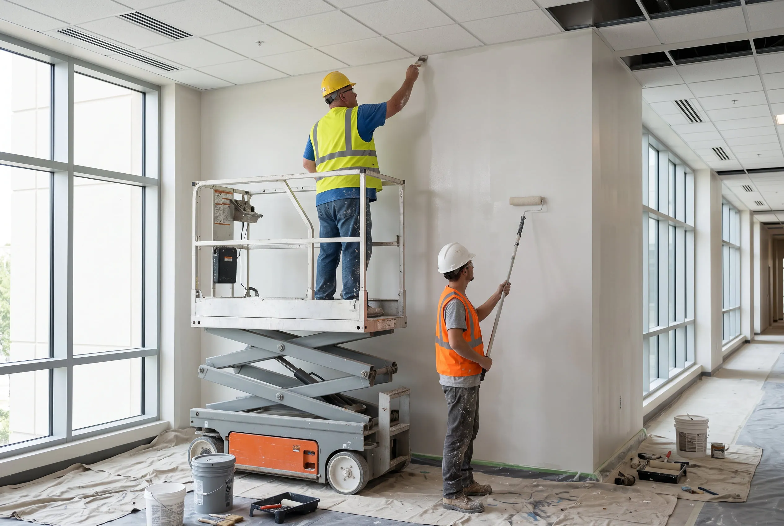 Painter on a scissor lift cutting in a ceiling line while a second painter rolls the wall below, in a large commercial interior.