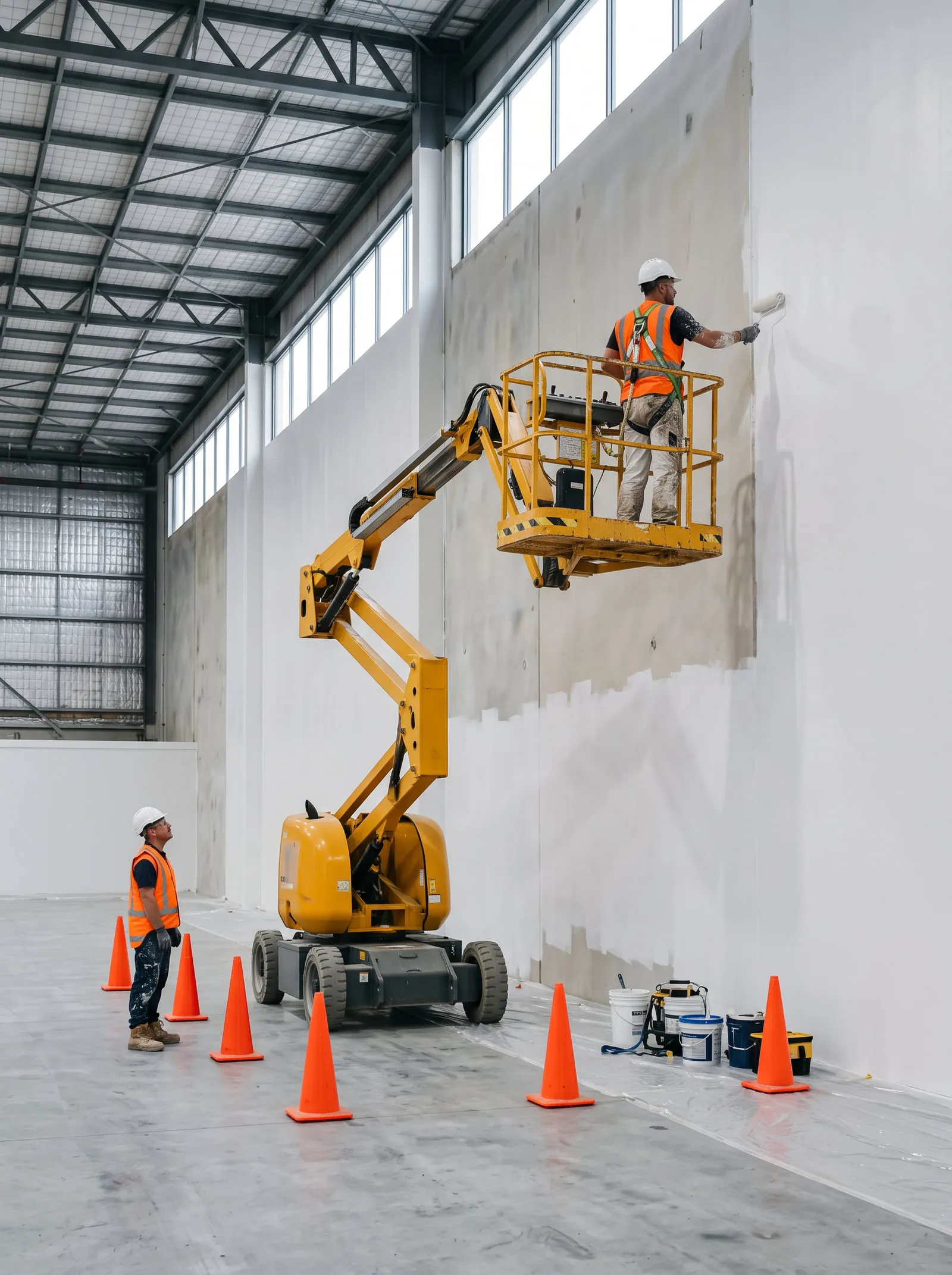 Painter in a harness inside a boom-lift basket rolling a high wall while a spotter watches from the floor.
